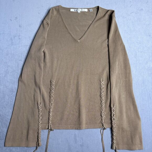 Max Studio Top Womens M Ruche Sleeve Knit Wheat Bell Sleeve Boho Flare Nylon - Picture 7 of 9